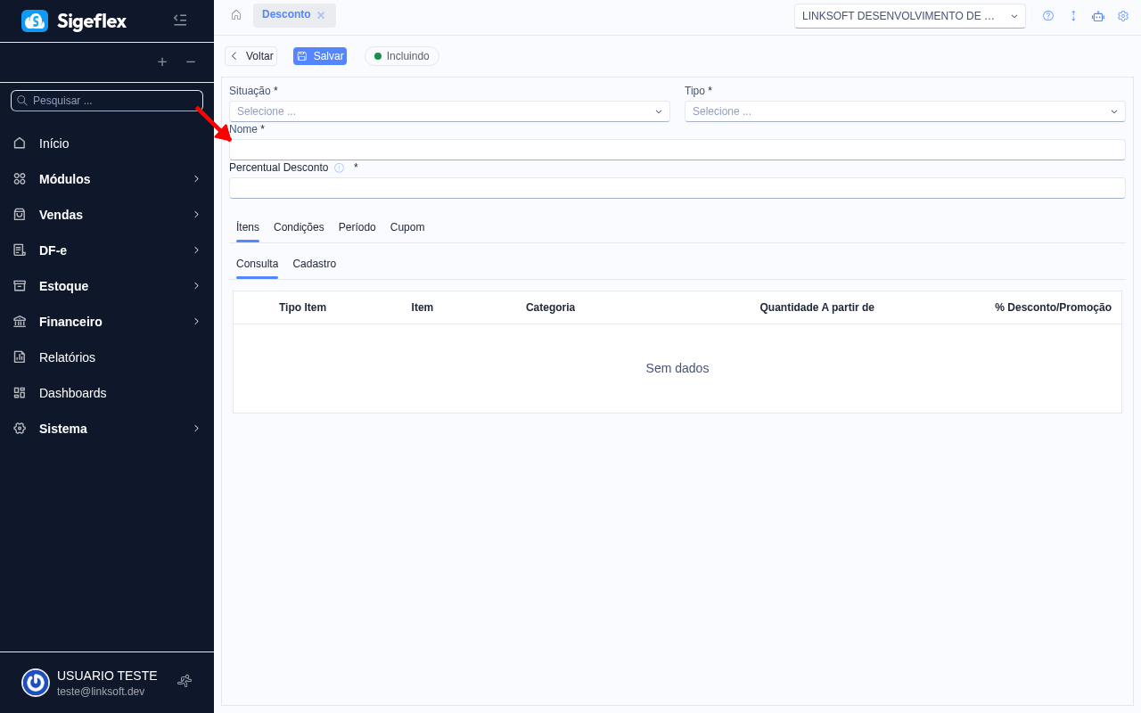 Formulario de cadastro de desconto