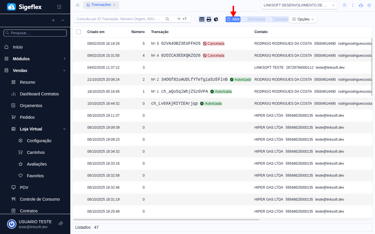 Tela de listagem de transações