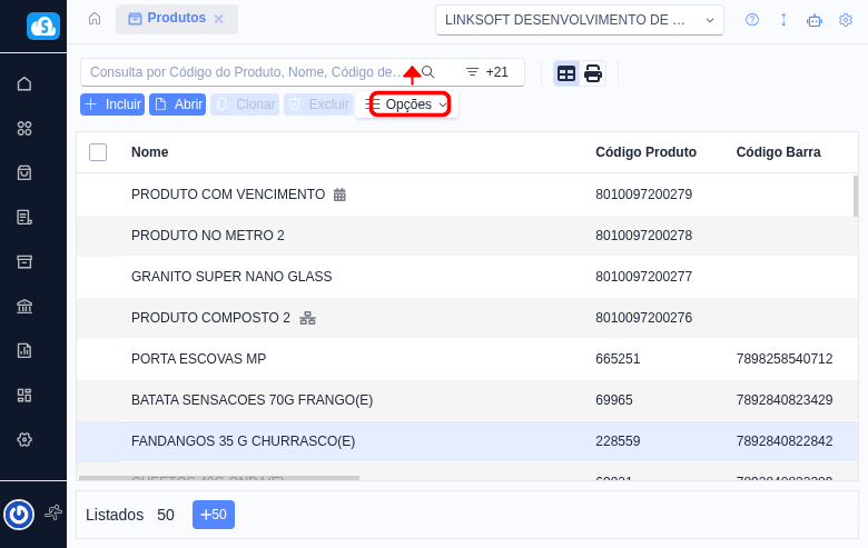 Tela de listagem de produtos com botão Opções destacado