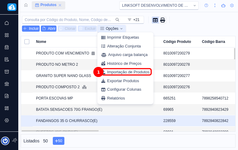 Dropdown Opções com item Importação de Produtos destacado