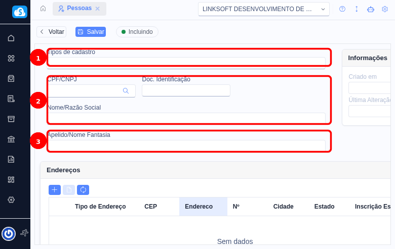 Formulário de cadastro de pessoa com campos Tipos de cadastro (1), CPF/CNPJ e Nome/Razão Social (2) e Apelido/Nome Fantasia (3)