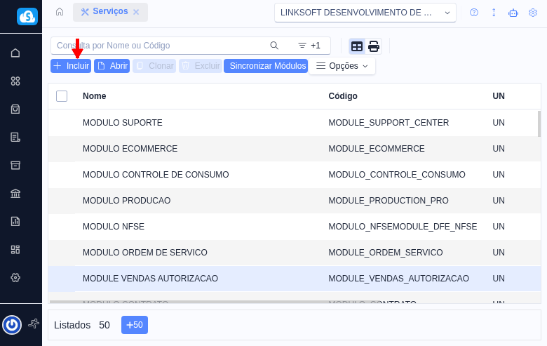 Tela de listagem de serviços com botão Incluir destacado