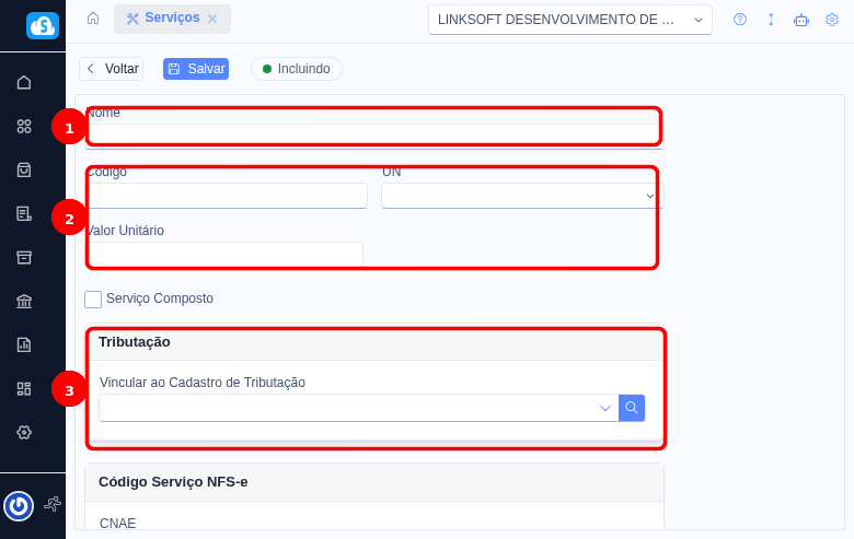 Formulário de cadastro de serviço com campos Nome (1), Código/UN/Valor Unitário (2) e seção Tributação (3)