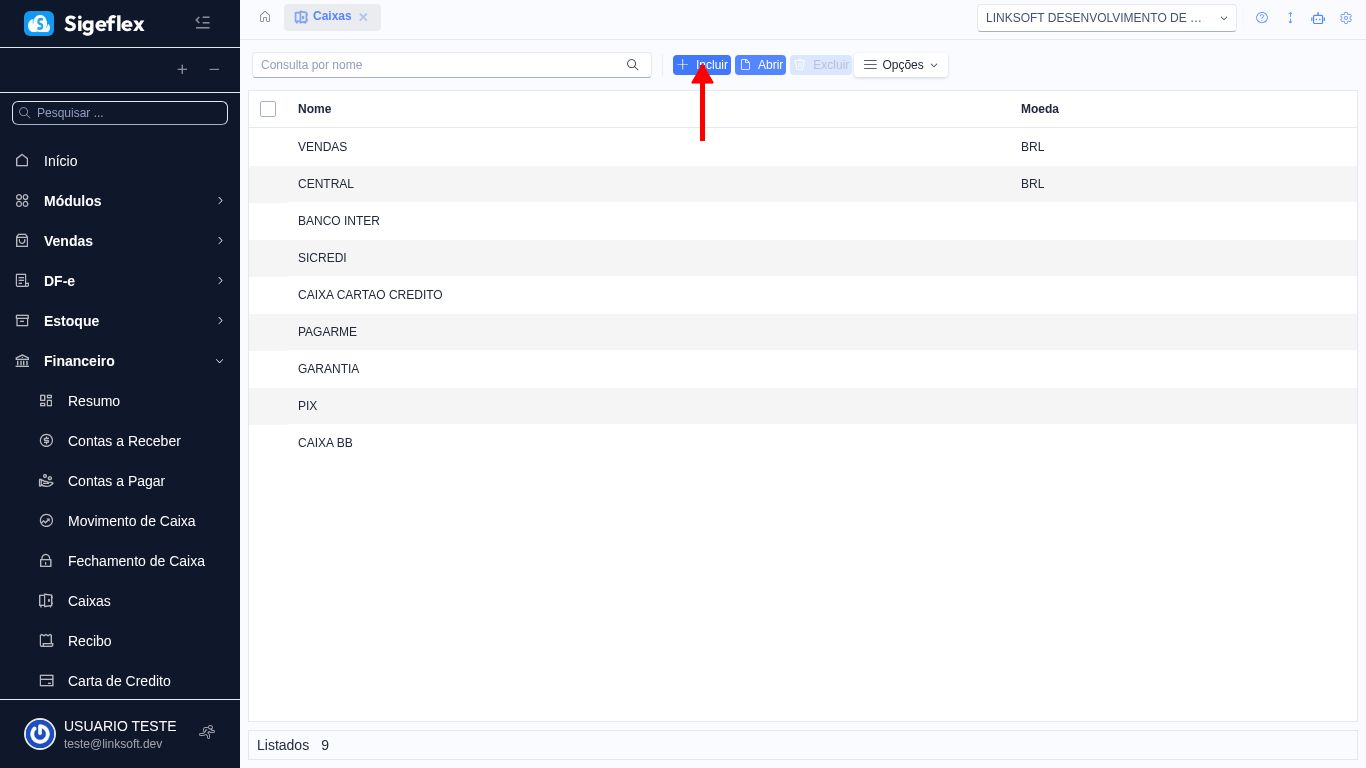 Listagem de caixas cadastrados