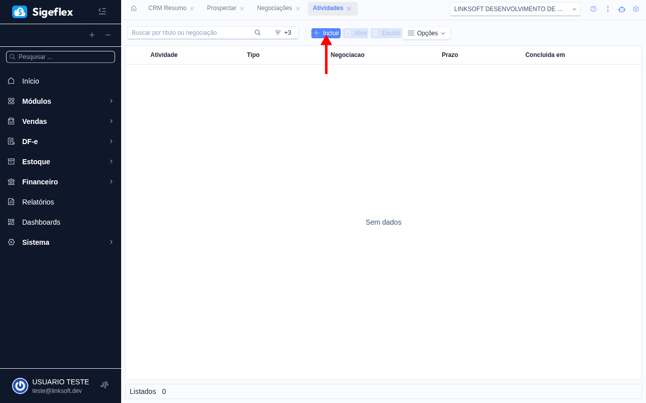 Listagem de atividades do CRM com título, tipo, negociação e prazo