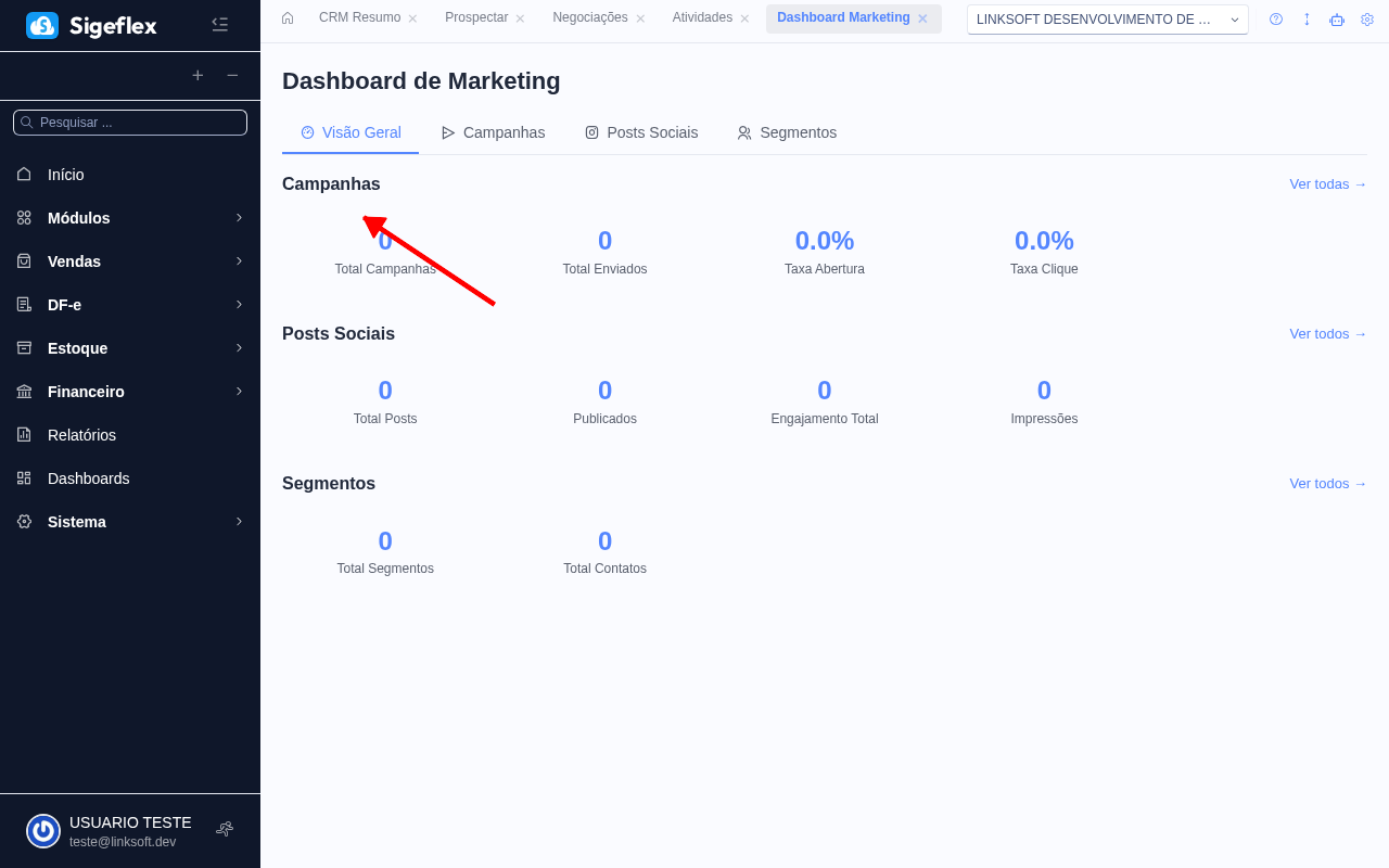 Dashboard de Marketing com métricas de campanhas, posts e segmentos