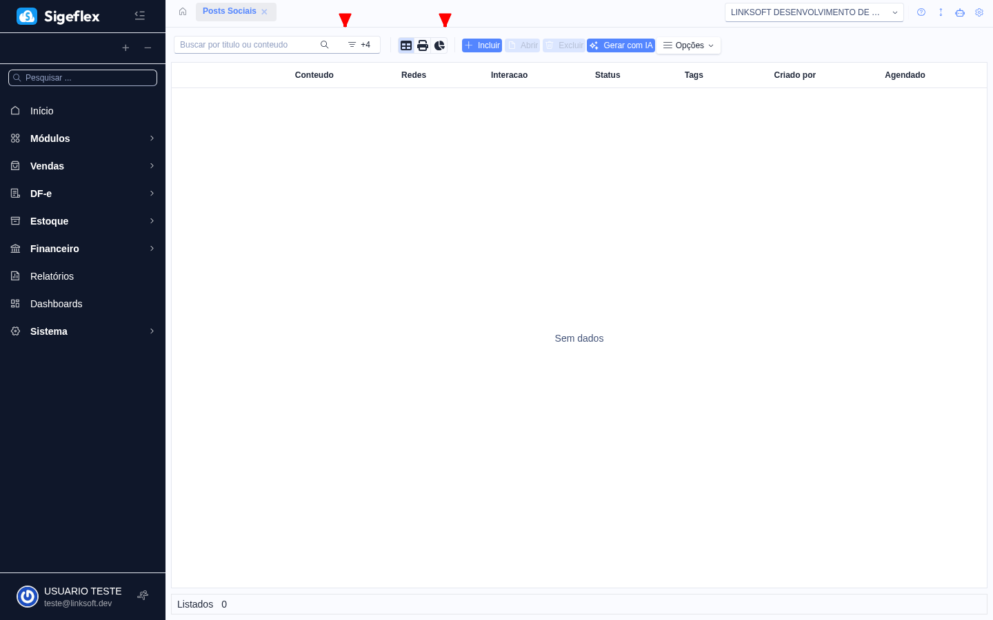 Tela de posts sociais com criação de conteúdo e preview