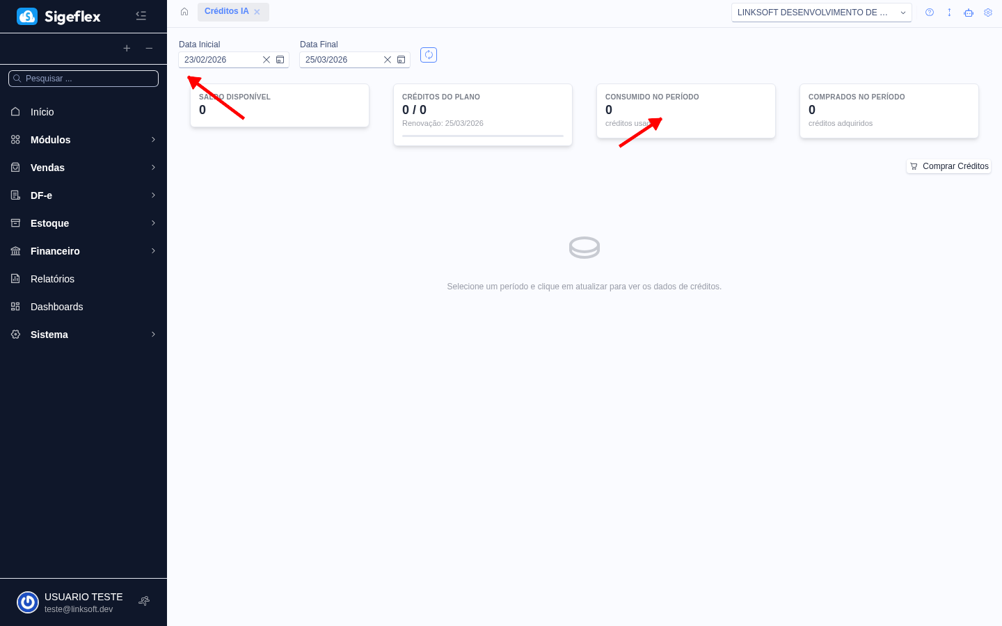 Tela de créditos de IA com indicadores, gráfico de consumo diário e histórico de transações