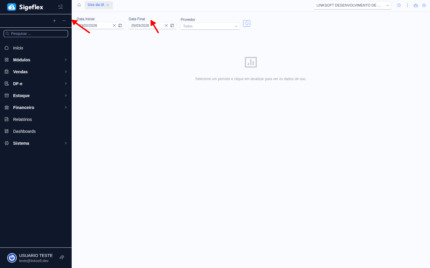 Tela de uso da IA com indicadores de gasto, tokens, requisições e gráfico de evolução diária