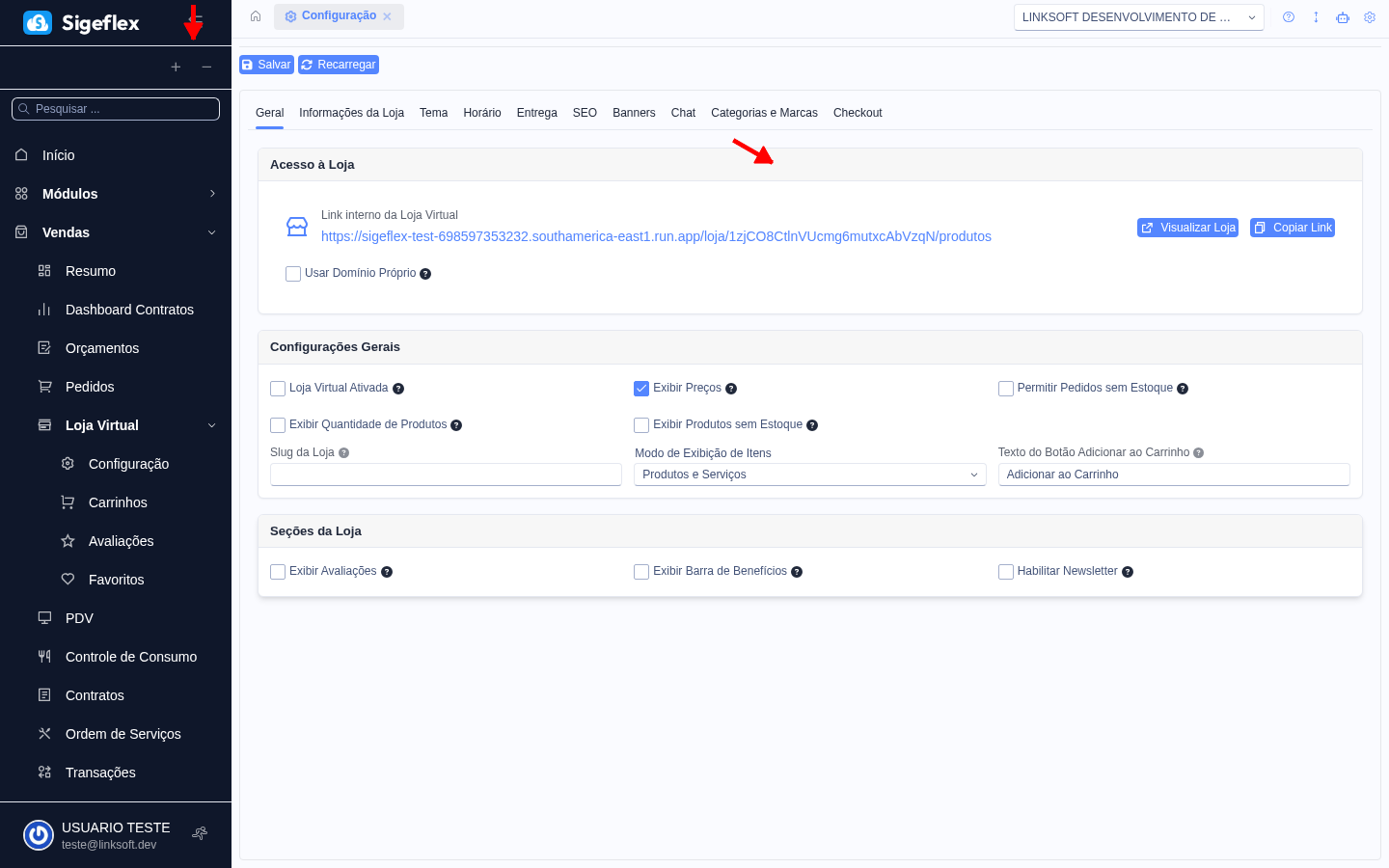 Tela de configuração da loja virtual com abas de geral, tema, entrega, SEO e checkout