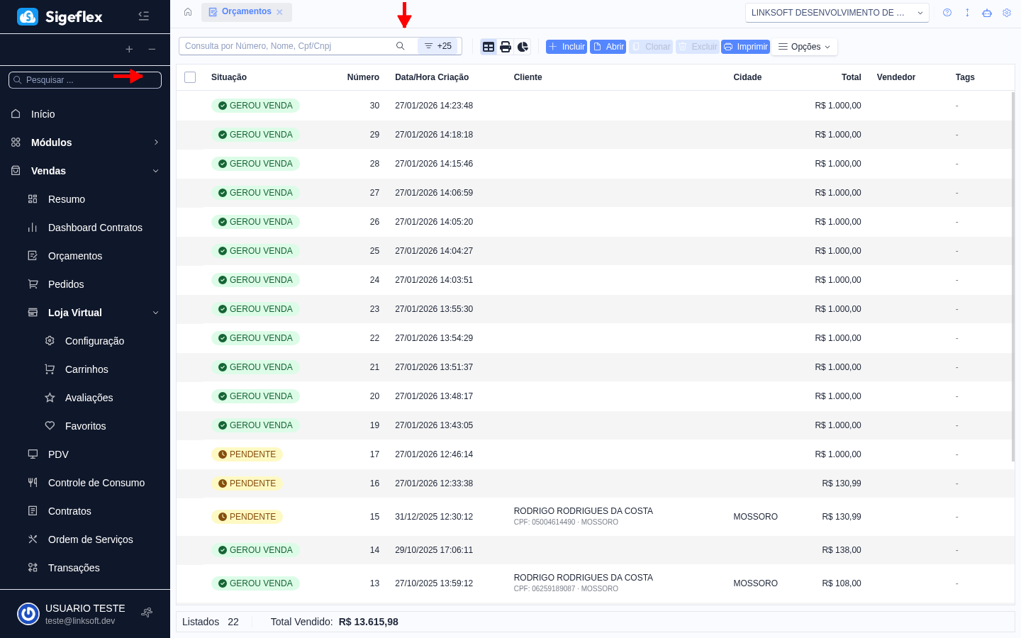 Listagem de orçamentos com colunas de número, cliente, vendedor, valor e situação