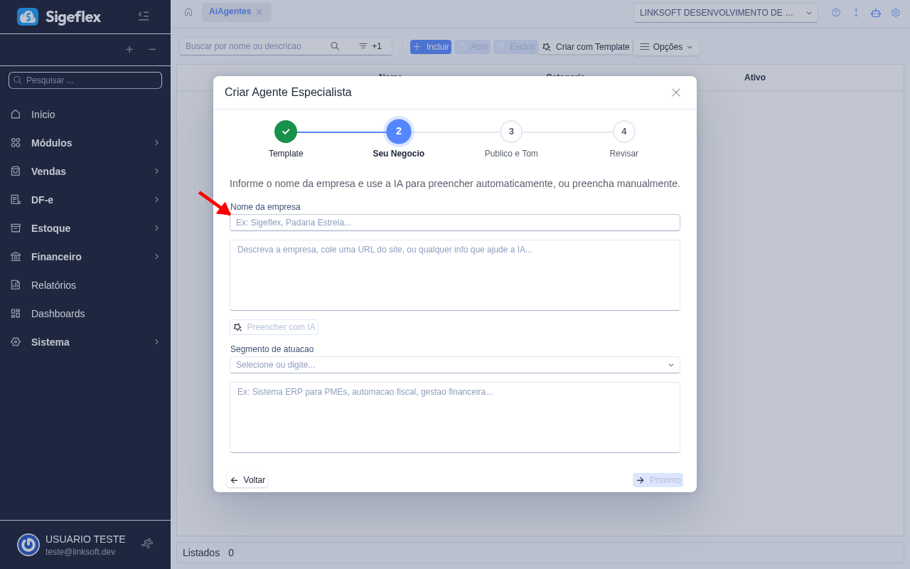 Assistente de criação - Etapa 2: Dados do negócio