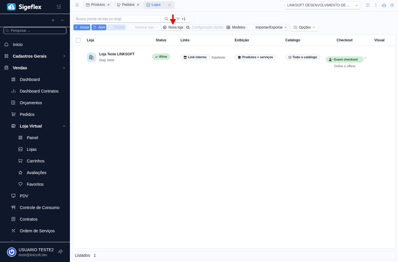 Toolbar da tela de Lojas com botões Acessar loja, Nova loja, Configuração rápida, Modelos e Importar/Exportar