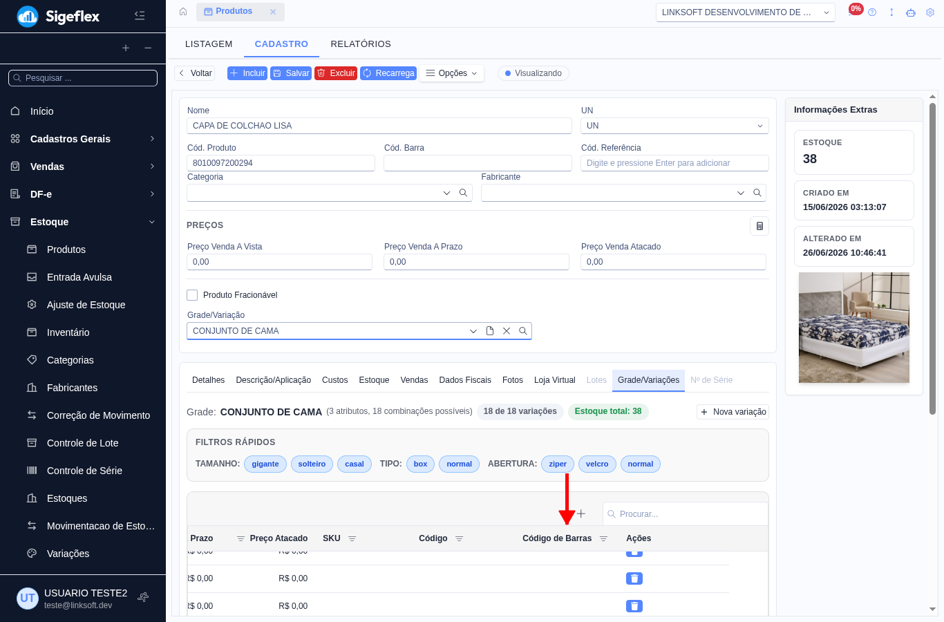 Aba Grade/Variações com a coluna Código de Barras, onde cada variação recebe o seu próprio EAN/GTIN