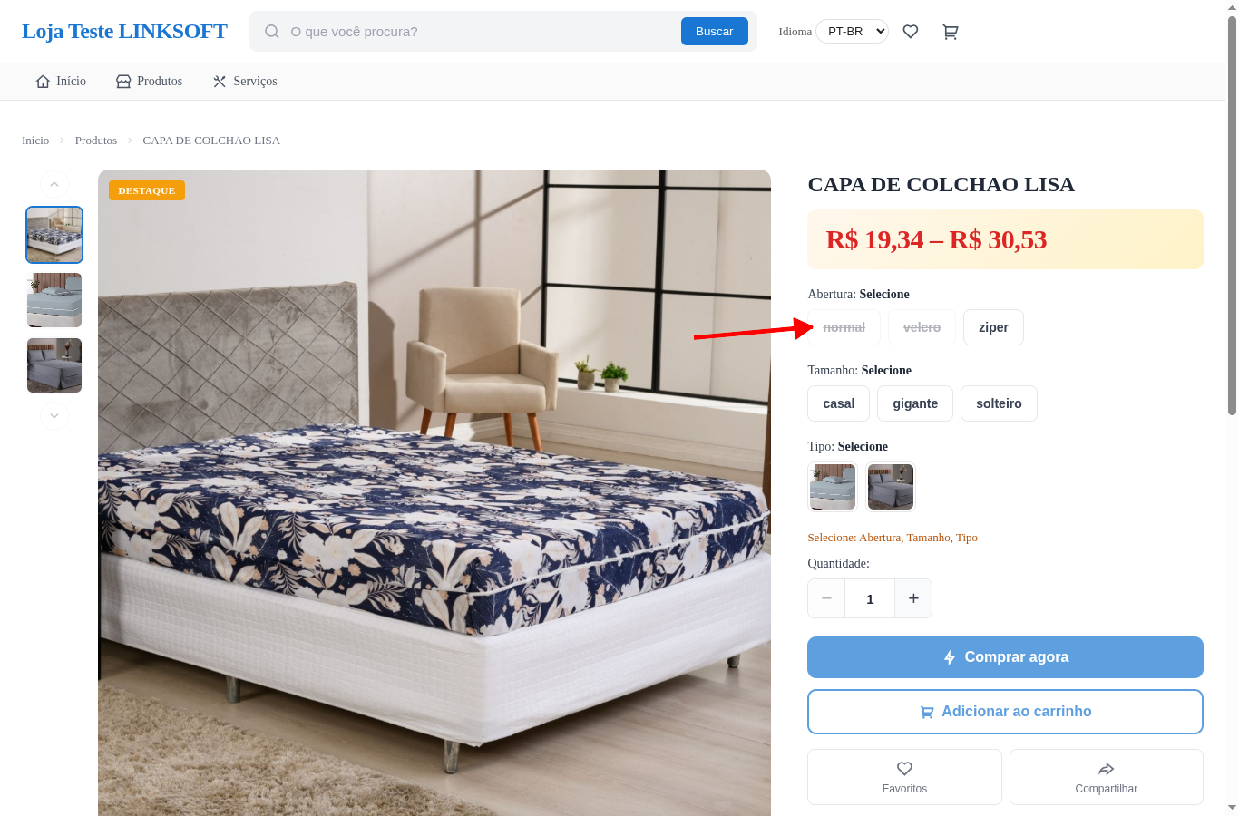Página do produto na loja virtual com o seletor de variação por atributo e a faixa de preço