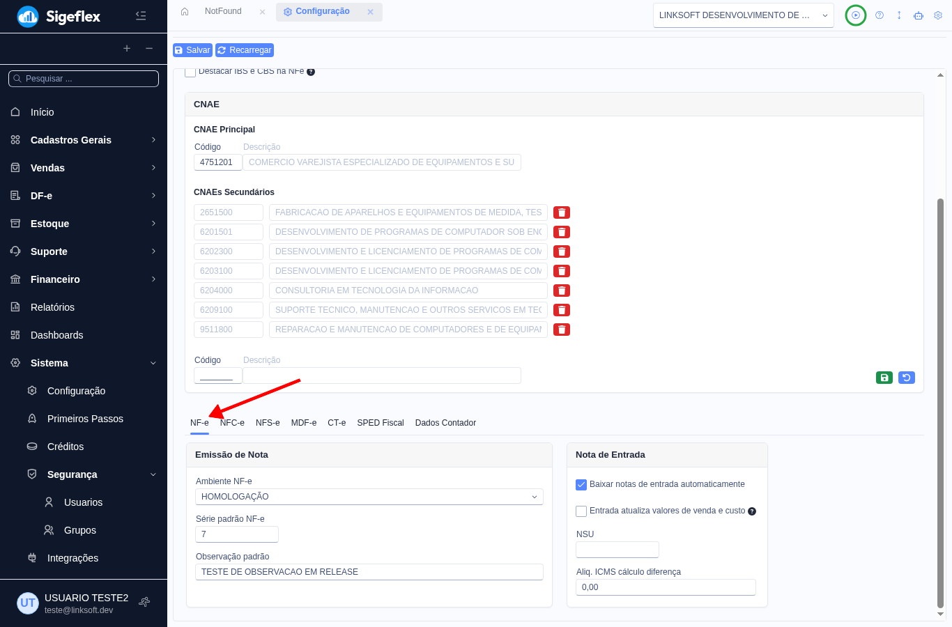Sub-aba NF-e da configuração com a opção Baixar notas de entrada automaticamente