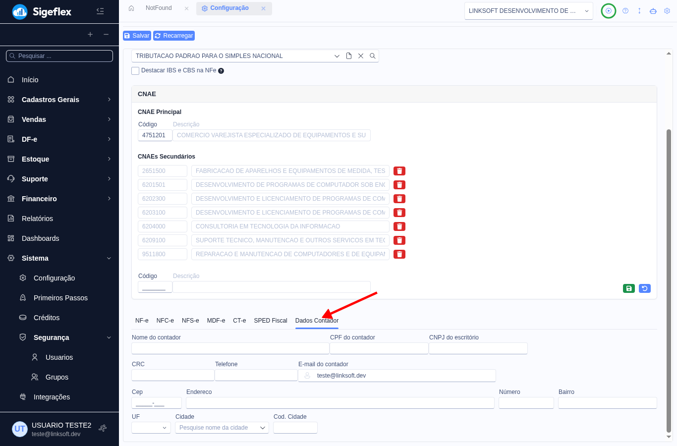 Sub-aba Dados Contador na configuração