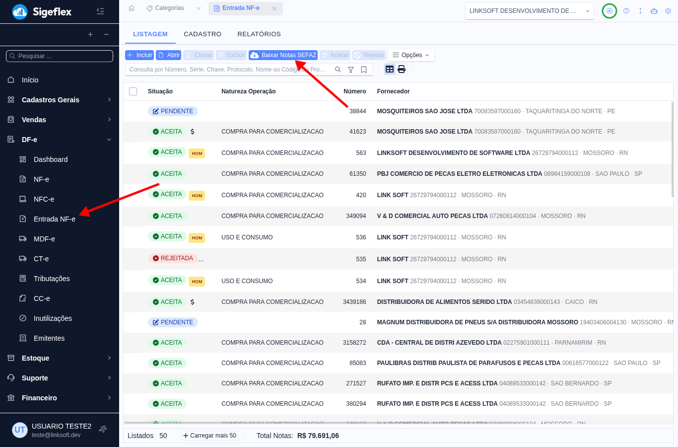 Listagem de Entrada NF-e com o botão Baixar Notas SEFAZ