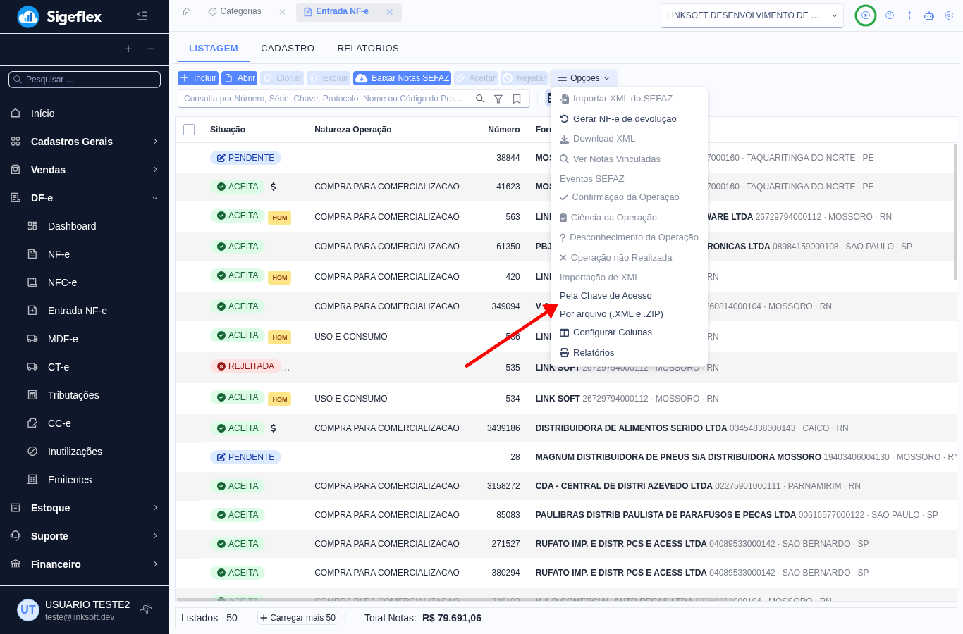 Menu Opções com a importação Pela Chave de Acesso