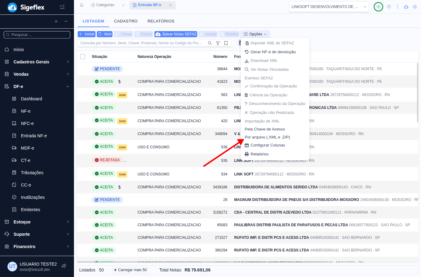 Menu Opções com a importação Por arquivo XML ou ZIP