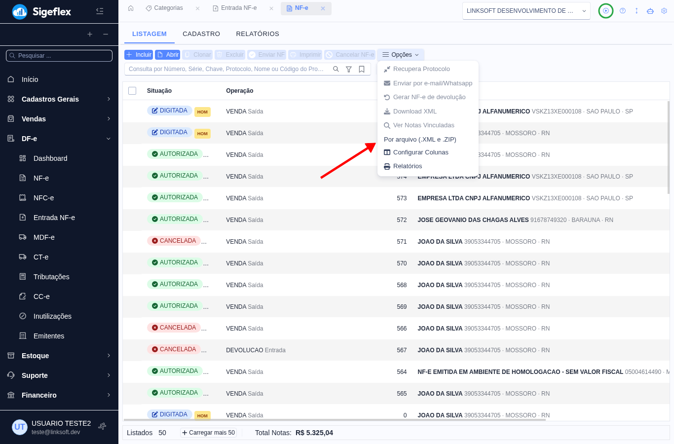 Menu Opções da NF-e com a opção Por arquivo (.XML e .ZIP)