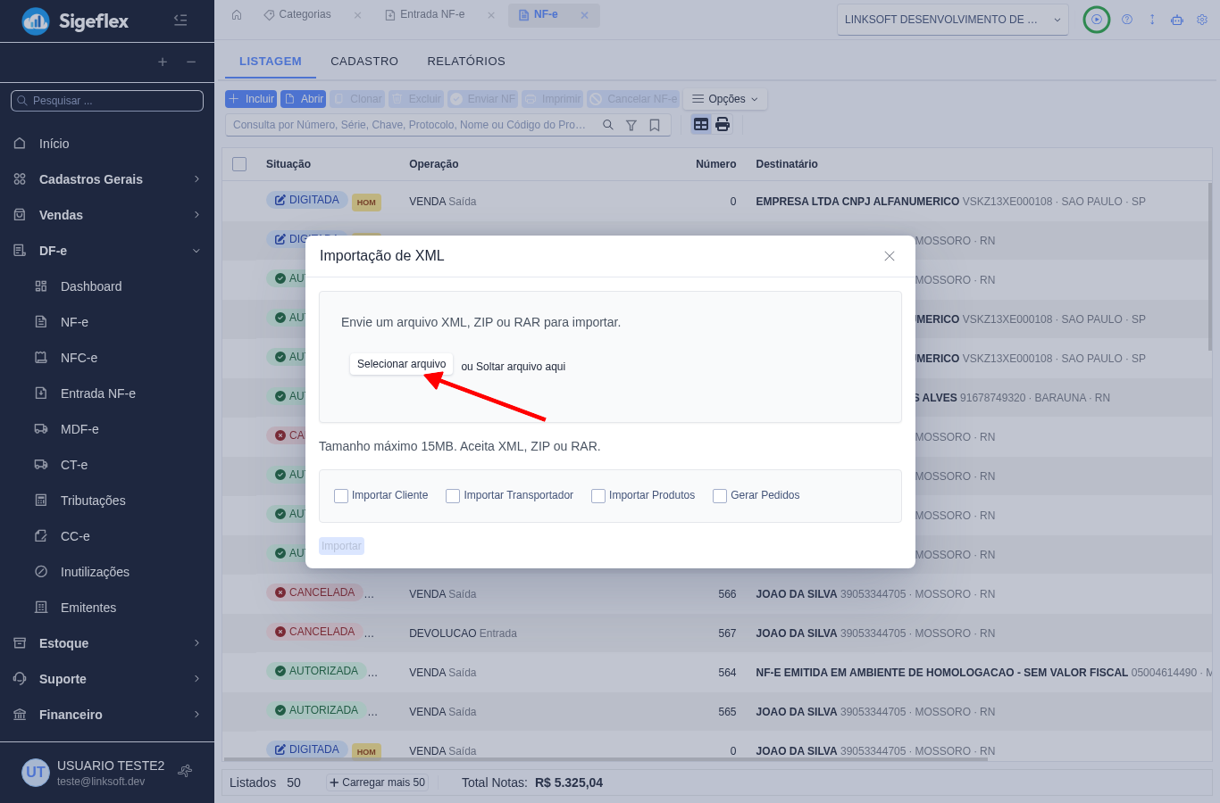 Janela Importação de XML com seleção de arquivo e opções