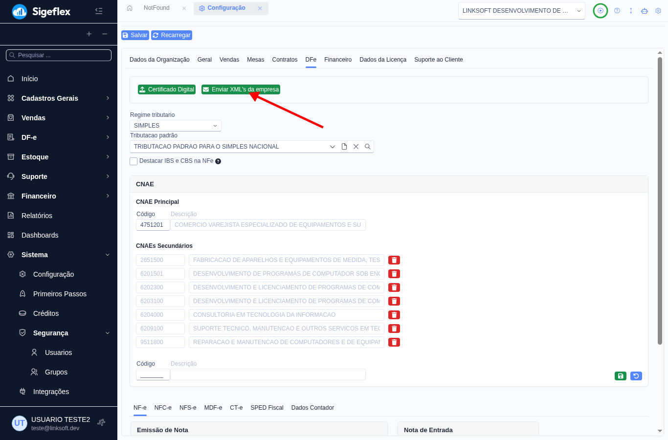 Aba DFe com o botão Enviar XML's da empresa
