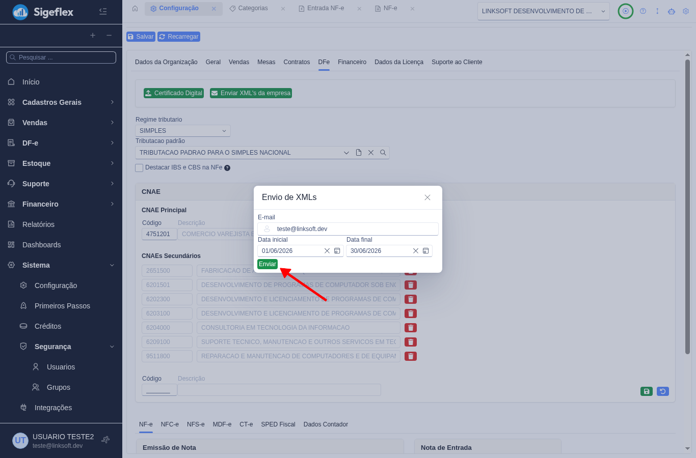 Janela Envio de XMLs com e-mail e período