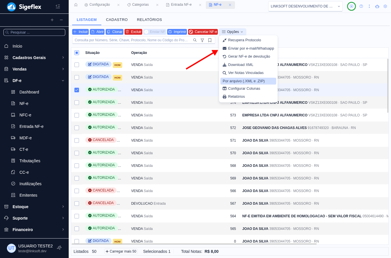 Listagem de NF-e com a opção Enviar por e-mail/Whatsapp no menu Opções