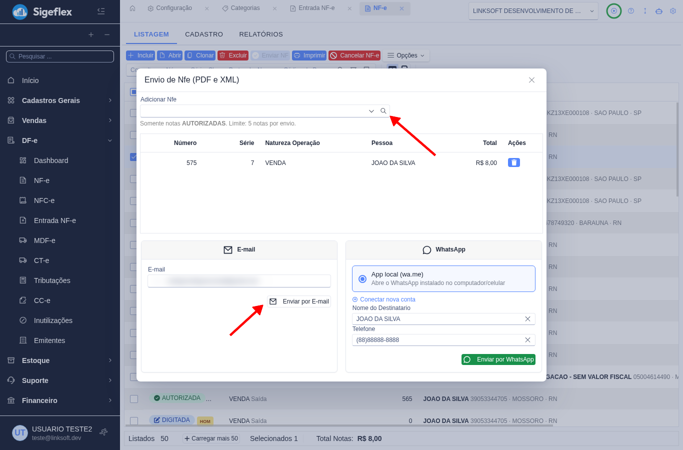 Janela Envio de NF-e com as opções de e-mail e WhatsApp
