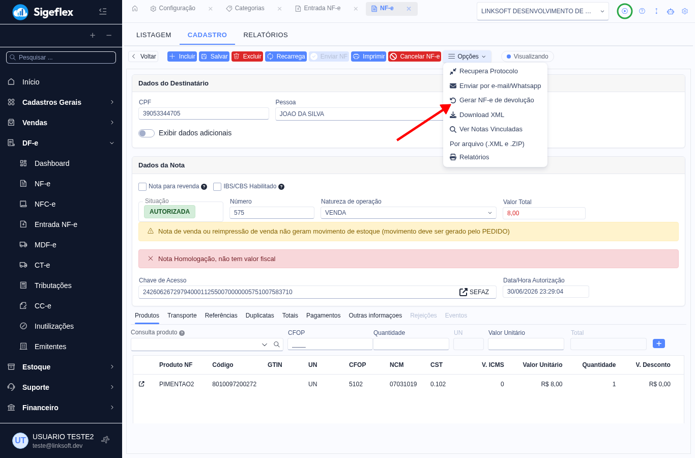 Menu Opções da nota com Gerar NF-e de devolução