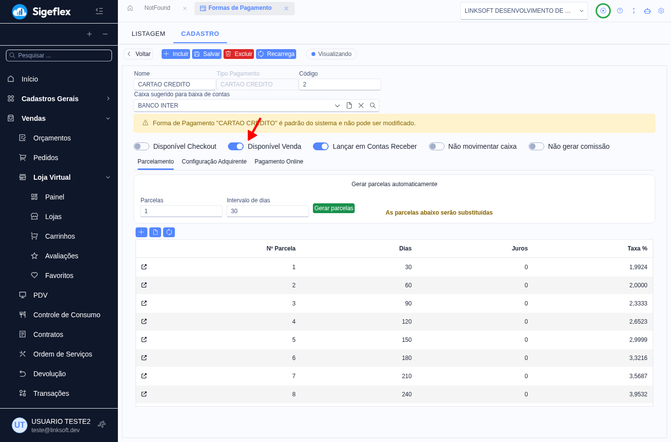 Cadastro da forma de pagamento com a chave Disponível Venda