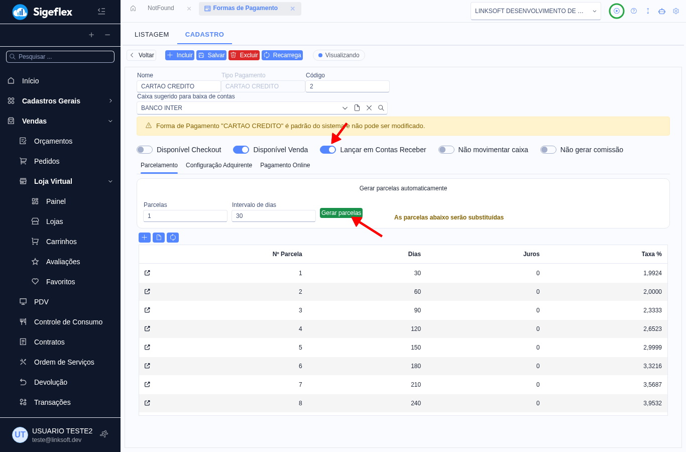 Cadastro da forma de pagamento com a chave Lançar em Contas Receber e a aba Parcelamento