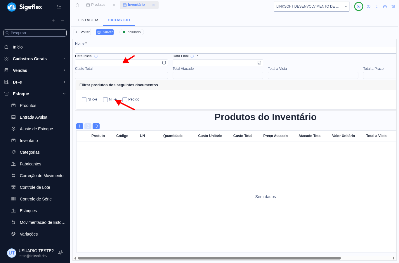 Cadastro de inventário com as datas e os filtros de documentos