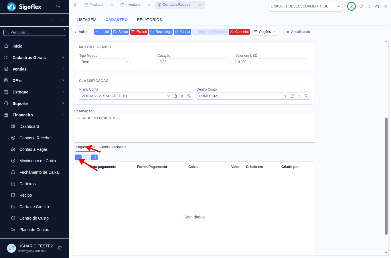 Aba Pagamentos do título com o botão + para adicionar uma baixa