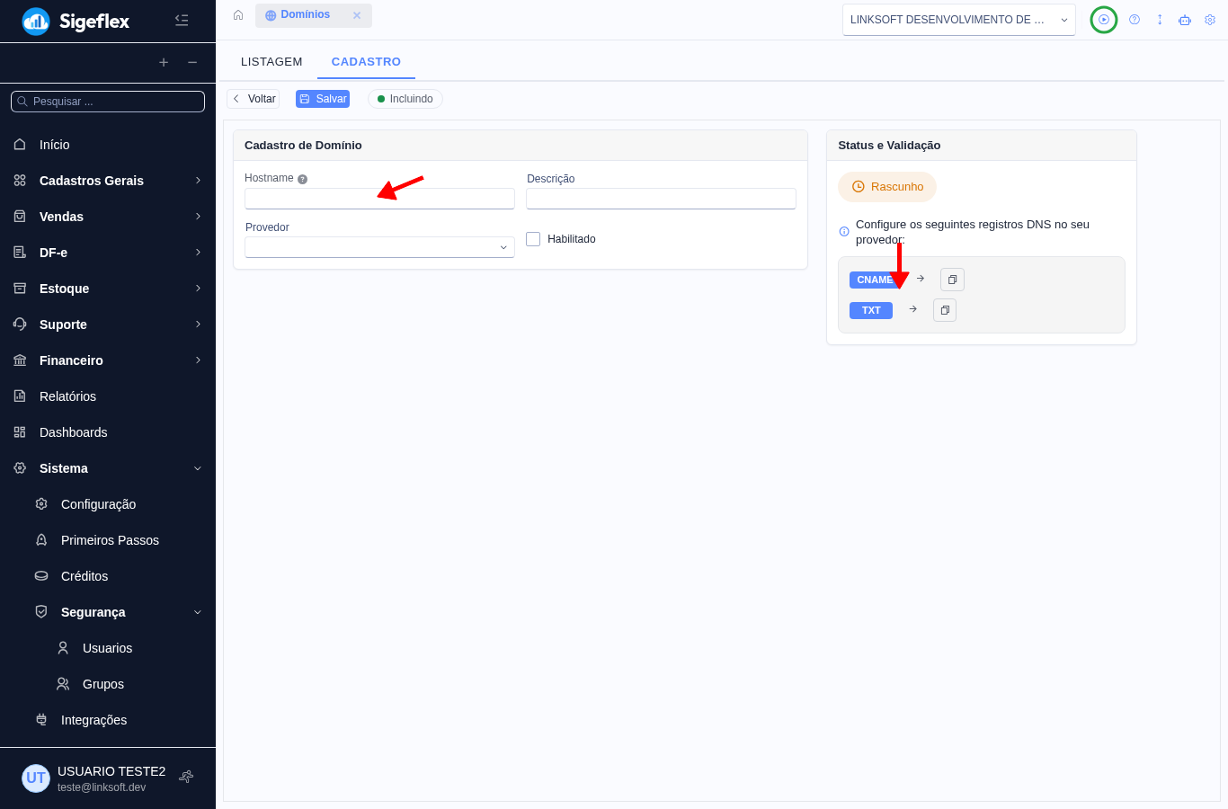 Cadastro de domínio com o Hostname e os registros DNS a configurar