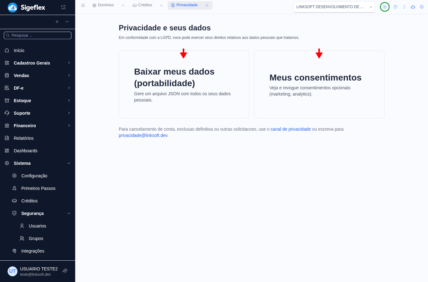 Tela de Privacidade com as opções de portabilidade e consentimentos