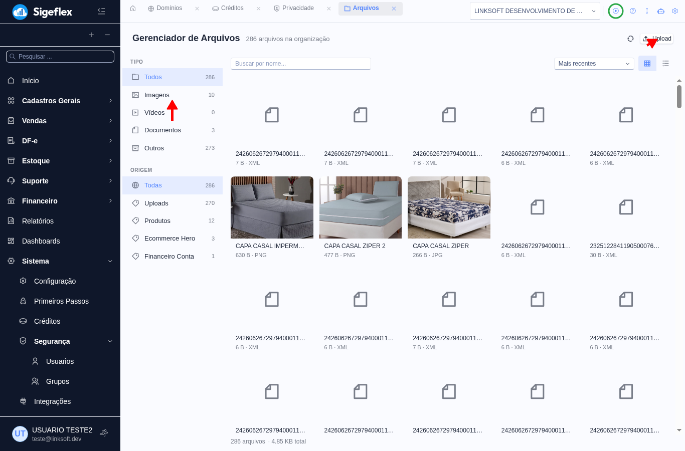 Gerenciador de Arquivos com os filtros por tipo e origem e o botão Upload