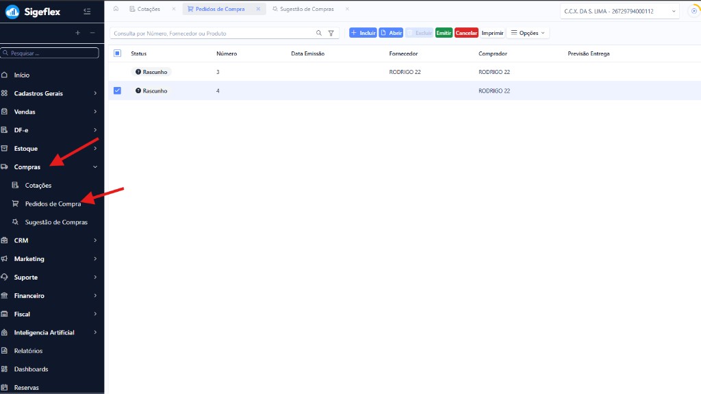 Menu Compras com Pedidos de Compra destacado e a listagem de pedidos