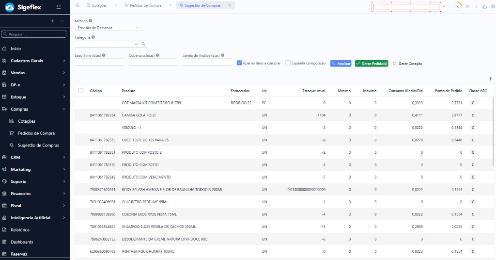 Menu Compras com Sugestão de Compras selecionado, filtros e lista de sugestões