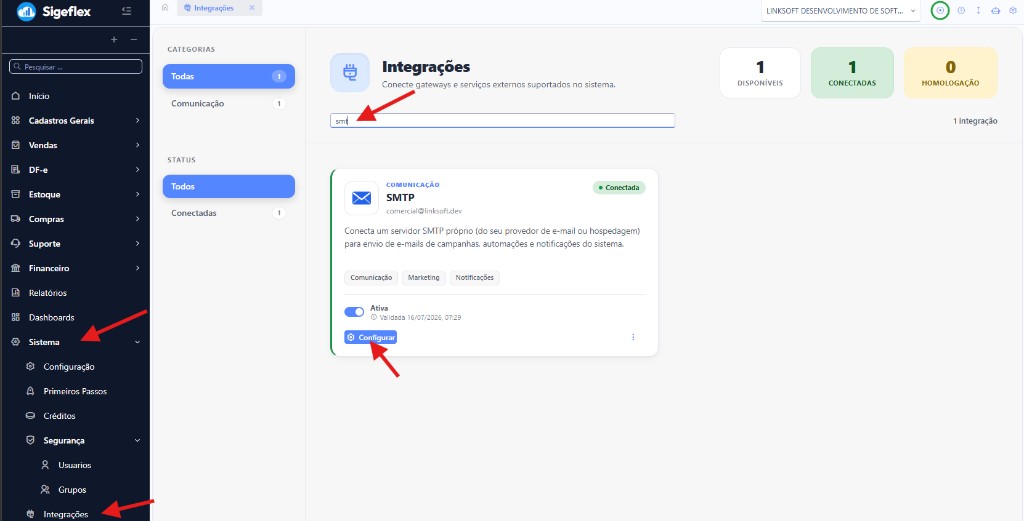 Tela de Integrações com o card SMTP e o botão Configurar em destaque
