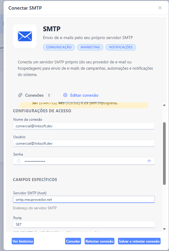 Janela Conectar SMTP com as configurações de acesso