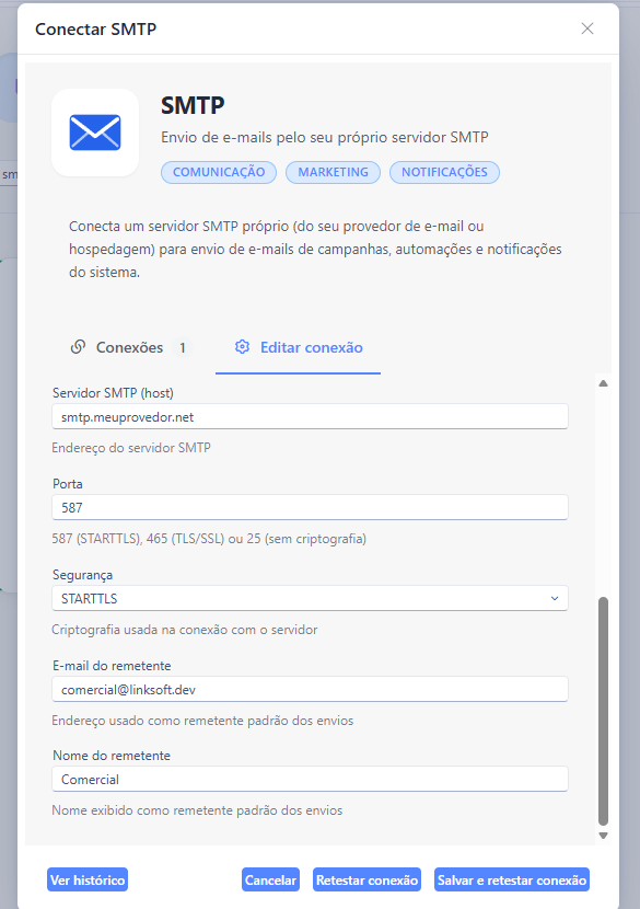 Janela Conectar SMTP na aba Editar conexão com host, porta, segurança e remetente