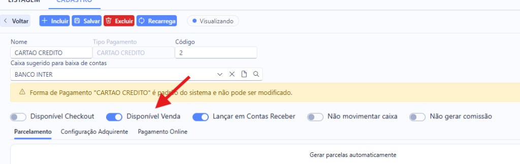 Ative Disponível Venda na forma CARTA DE CREDITO