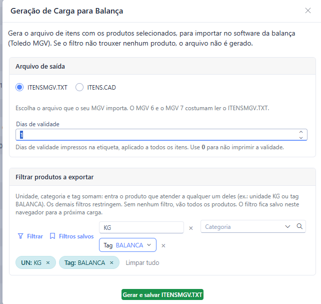 Janela Geração de Carga para Balança com o arquivo de saída ITENSMGV.TXT, os dias de validade e o filtro por unidade KG e tag BALANCA