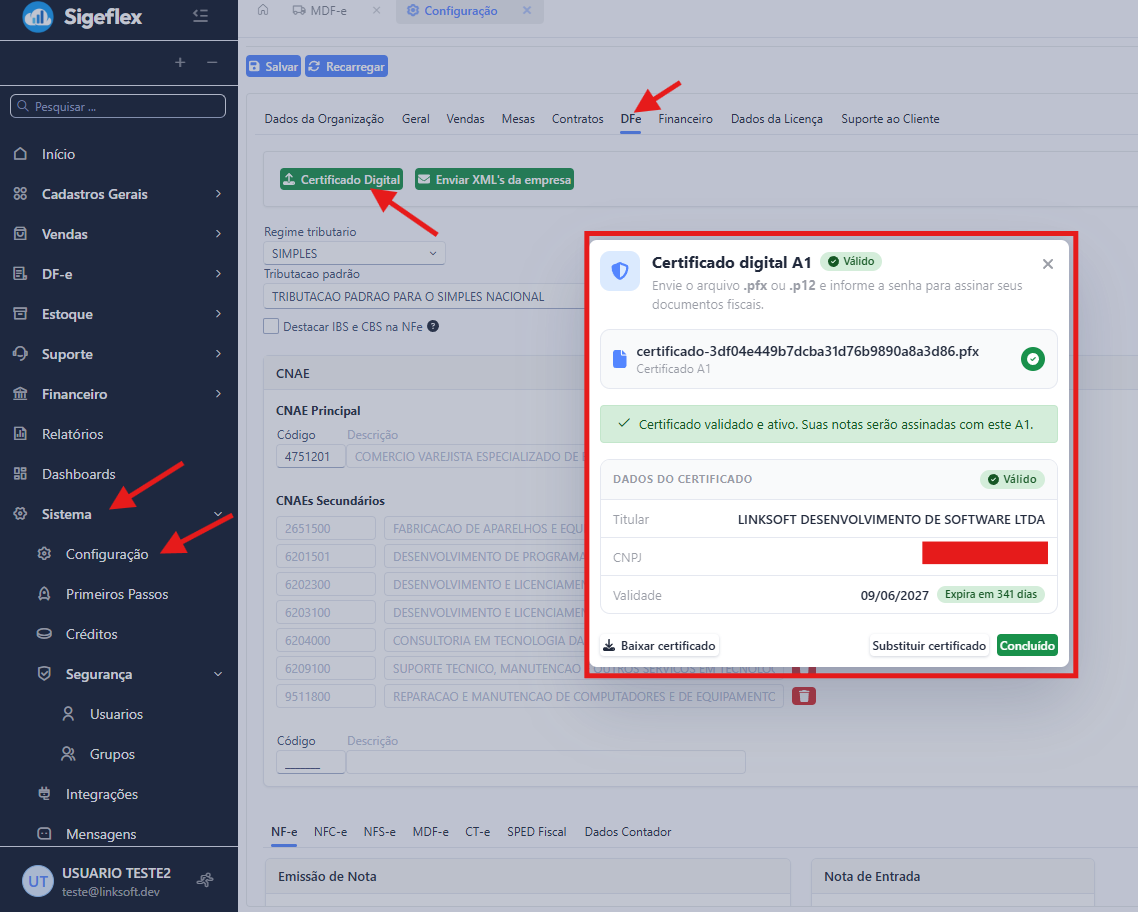Caminho para o certificado digital: menu Sistema, Configuração, aba DFe, botão Certificado Digital