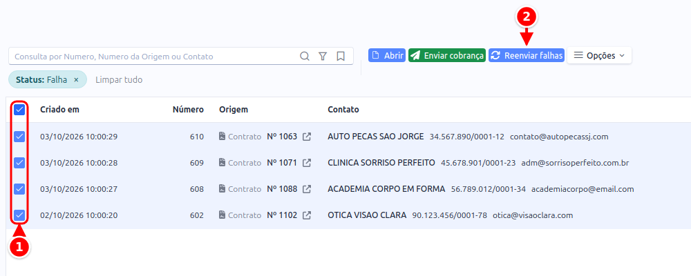 Lista só com as falhas, todas marcadas, e o botão Reenviar falhas