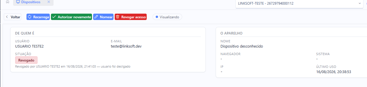 Detalhe de um dispositivo revogado, com os blocos De quem é e O aparelho