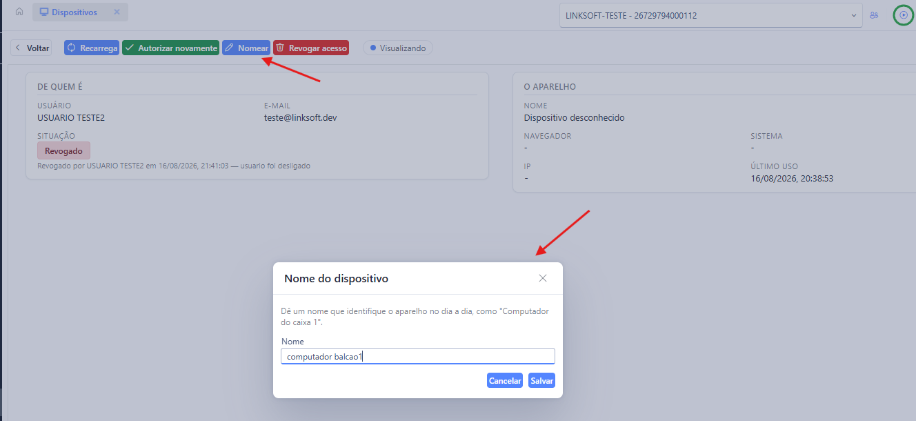 Janela Nome do dispositivo, com o campo Nome preenchido