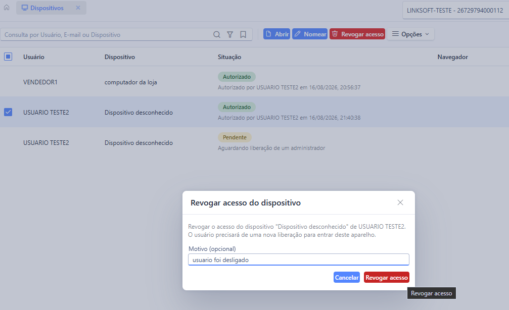 Janela Revogar acesso do dispositivo, com o campo Motivo preenchido